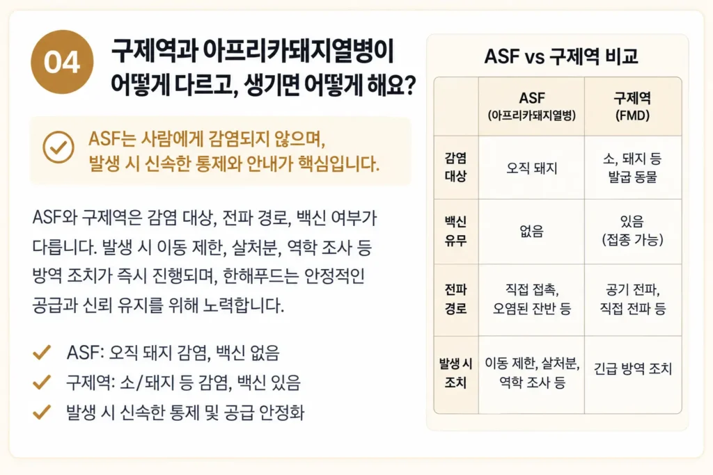 아프리카돼지열병 ASF와 구제역의 감염 대상·백신·전파 경로 차이를 설명하는 한해푸드 FAQ 이미지
